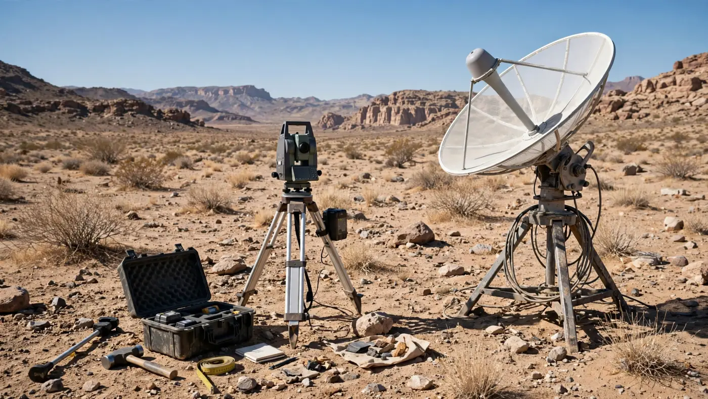 Antena satelital y equipos de prospección geológica en un sitio de exploración remoto