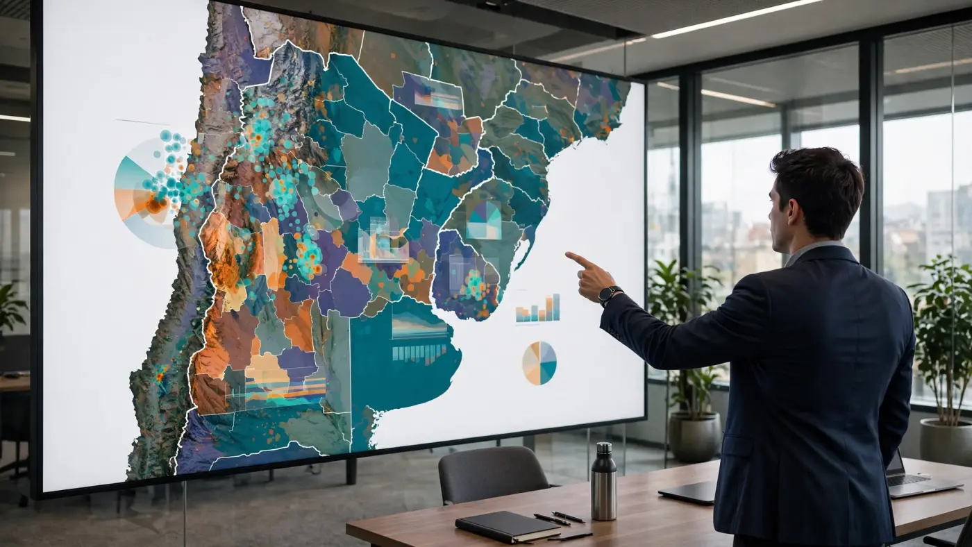 Analista señalando un mapa de provincias mineras argentinas en una pantalla