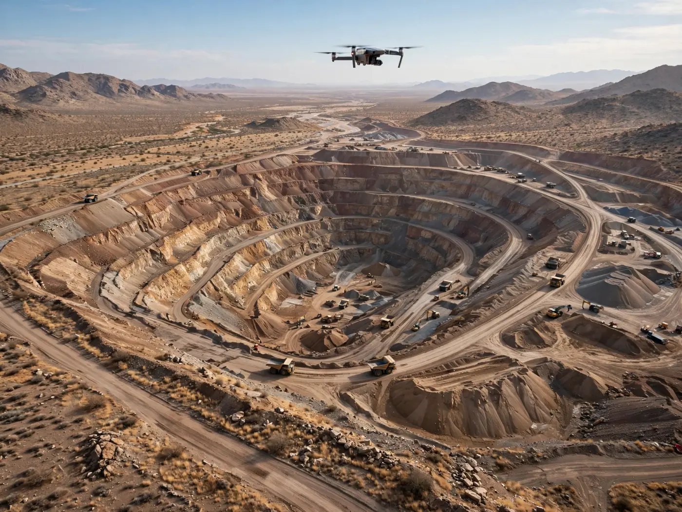 Dron sobrevolando una mina a cielo abierto recopilando datos de prospección
