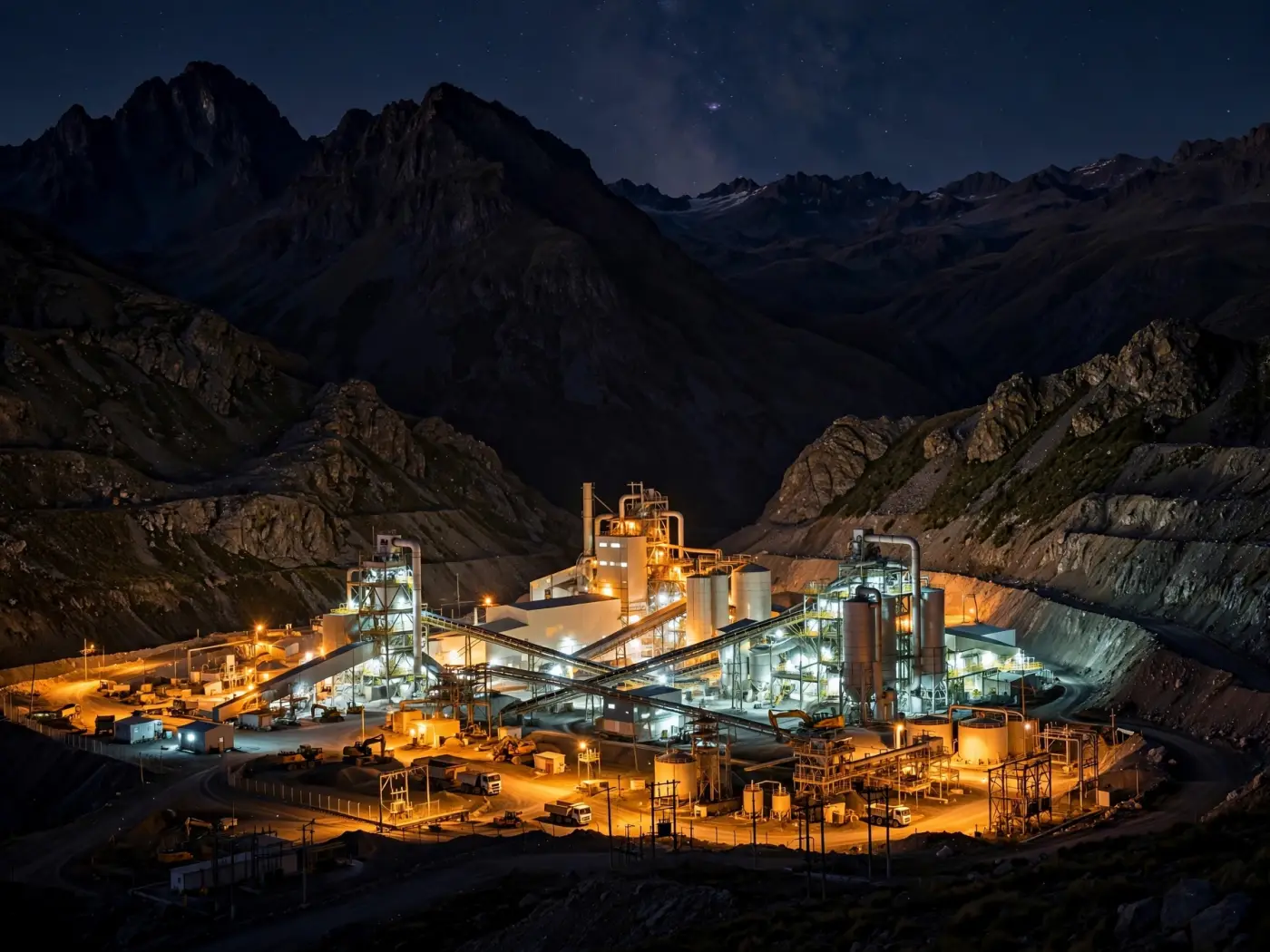 Vista nocturna de las luces de una planta de procesamiento minero en los Andes