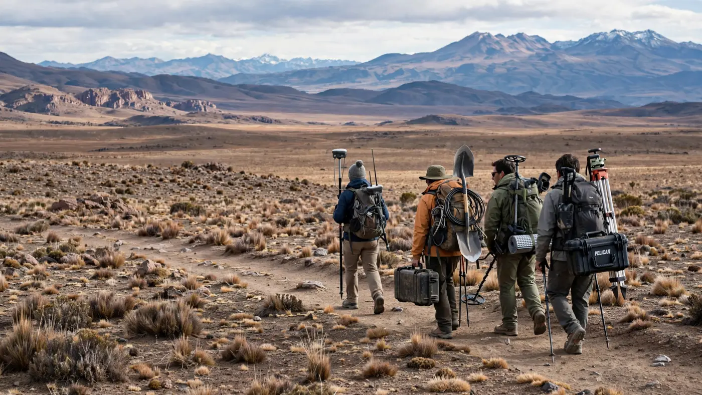 Equipo de prospección geofísica caminando con equipos en la Puna argentina